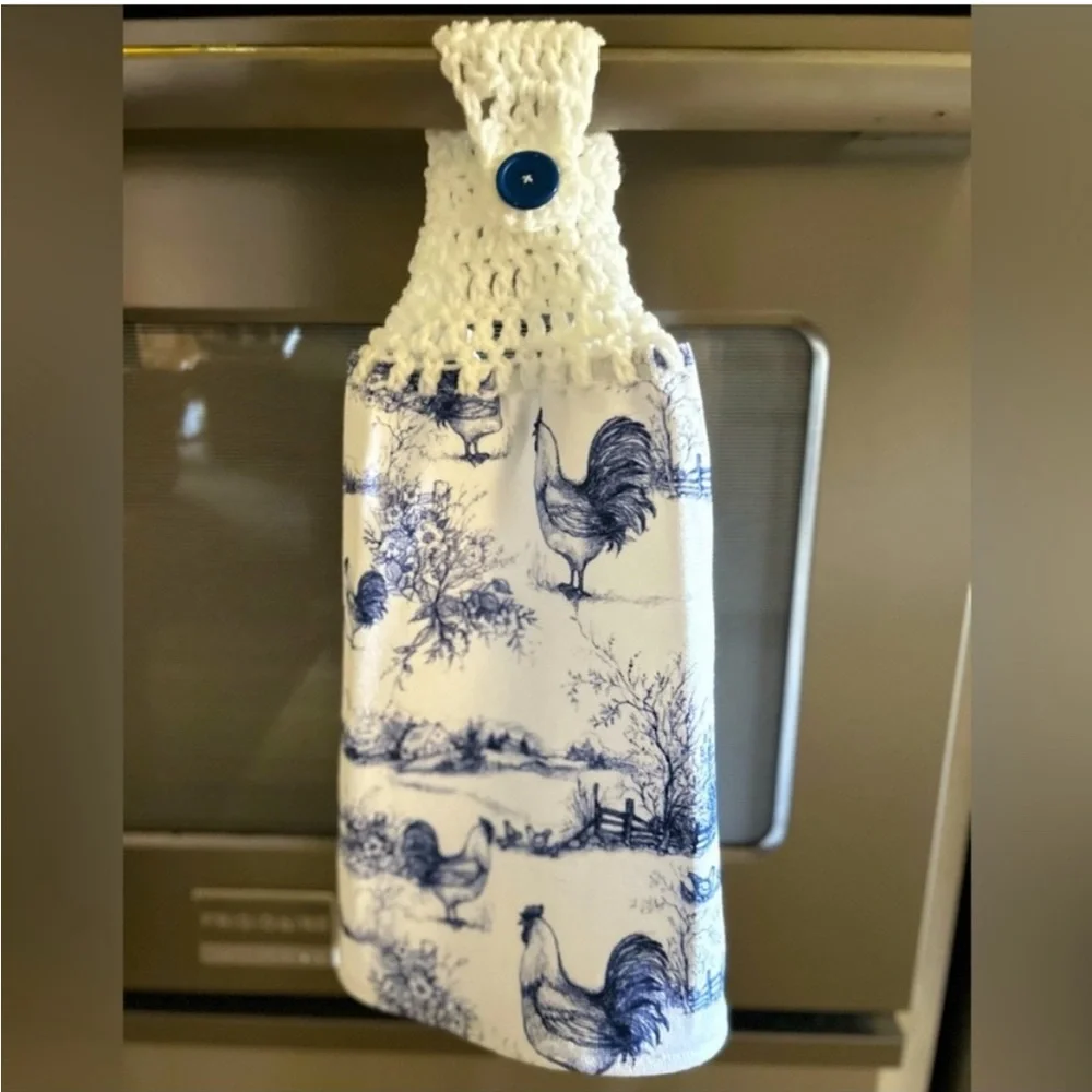 Hand Crafted Farmhouse Blue and White Hanging Rooster Kitchen Hand Towel